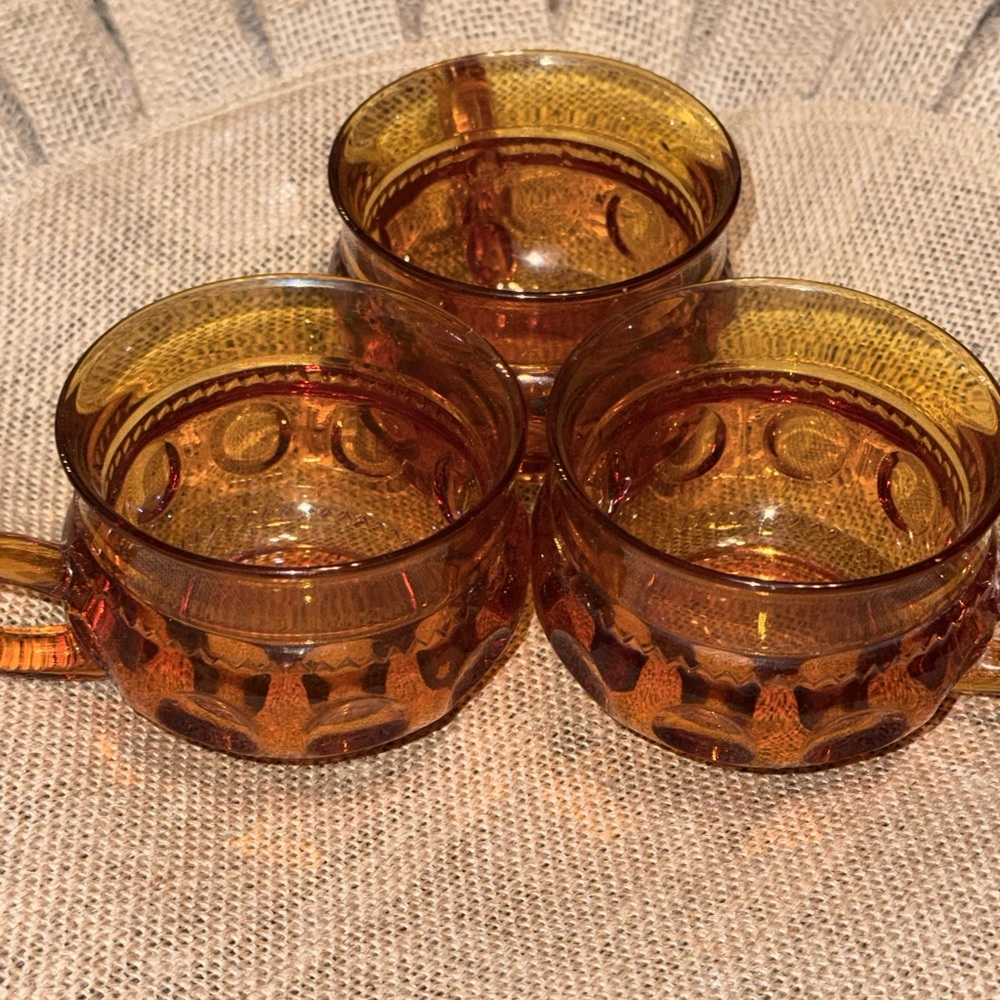 Vintage Amber Glass Cups – Set of 3 Pressed Thumbprint MCM